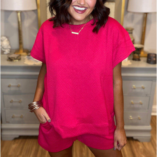 Damen gemütliches Freizeit-Set mit strukturiertem Oberteil und Shorts R&B