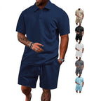 Herren nan geprägtes Waffel-Polo mit Kentkragen und elastischer Tunnelzugshorts im Set R&B