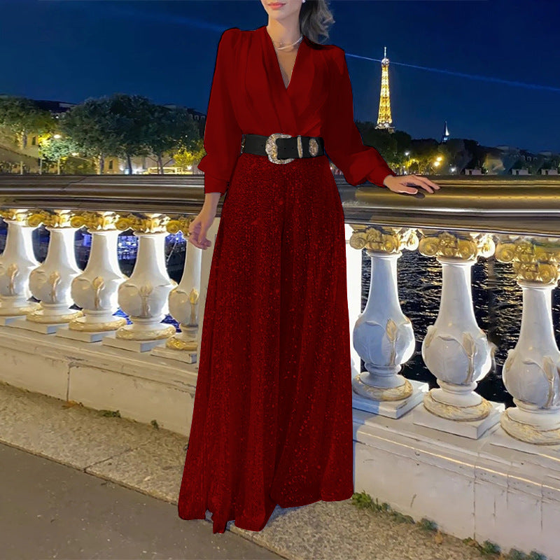 Damen Glamouröses Abendkleid mit schimmerndem Oberteil und weiten Rock R&B