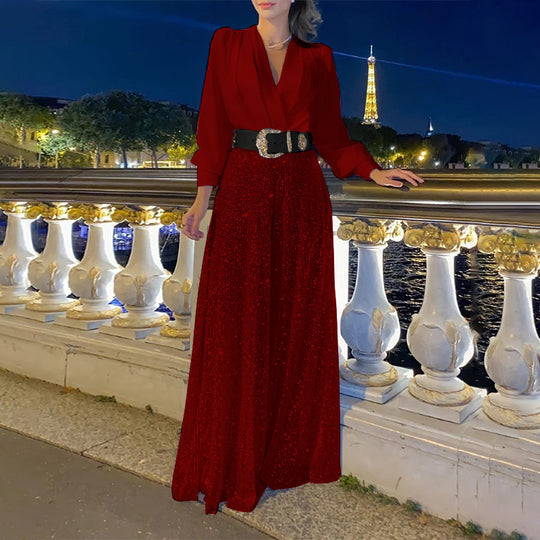 Damen Glamouröses Abendkleid mit schimmerndem Oberteil und weiten Rock R&B