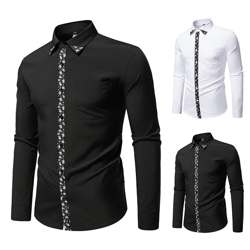 Herren elegantes Langarmhemd mit floralem Kragen und Brusttasche R&B