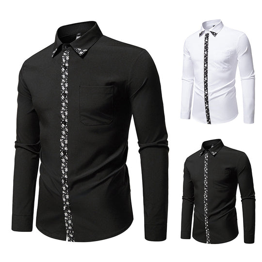 Herren elegantes Langarmhemd mit floralem Kragen und Brusttasche R&B