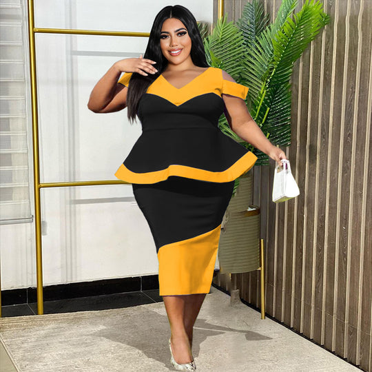 Damen Figurbetontes Peplum Kleid mit asymmetrischen Farbakzenten R&B