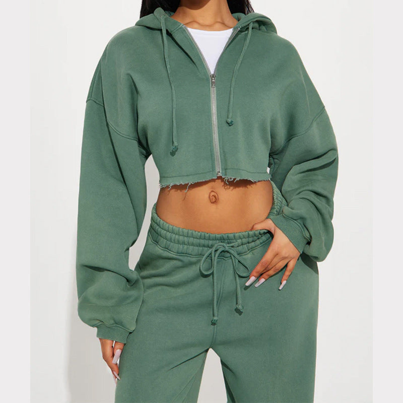Damen lässiges Fleece-Set mit kurzem Hoodie und weiten Hosen R&B