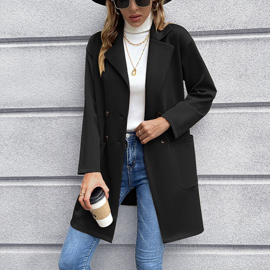 Damen elegante Oversized-Blazerjacke mit doppelter Knopfleiste und praktischen Taschen R&B