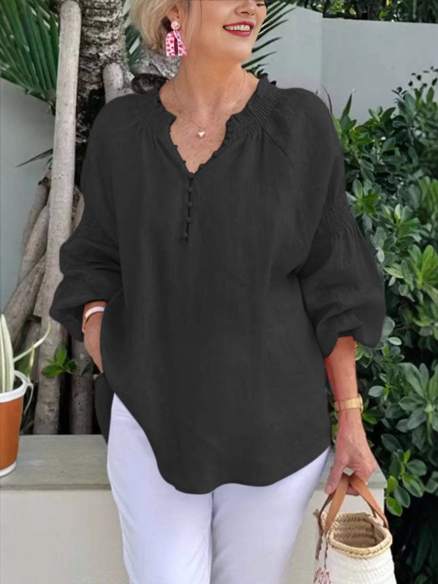 Damen lässige Kleidungsbluse mit Ballonärmeln und Knopfleiste R&B