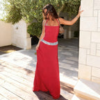 Damen elegantes Maxikleid mit schimmerndem Halterdesign und glitzerndem Taillengürtel R&B