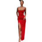 Damen Elegantes Maxikleid mit tiefem Seitenschlitz und schmalen Spaghetti-Trägern R&B