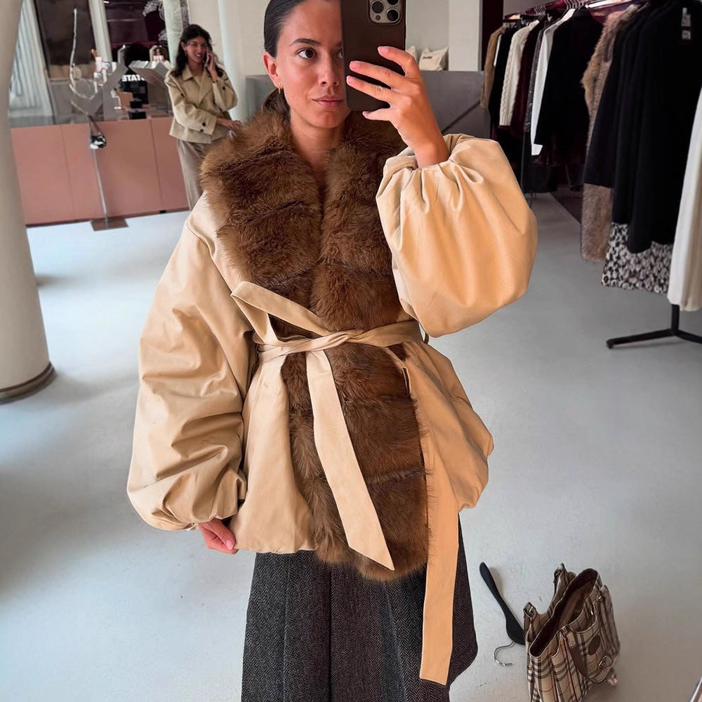 Damen modische Übergangsjacke mit voluminösen Ärmeln und luxuriösem Kunstpelzkragen R&B