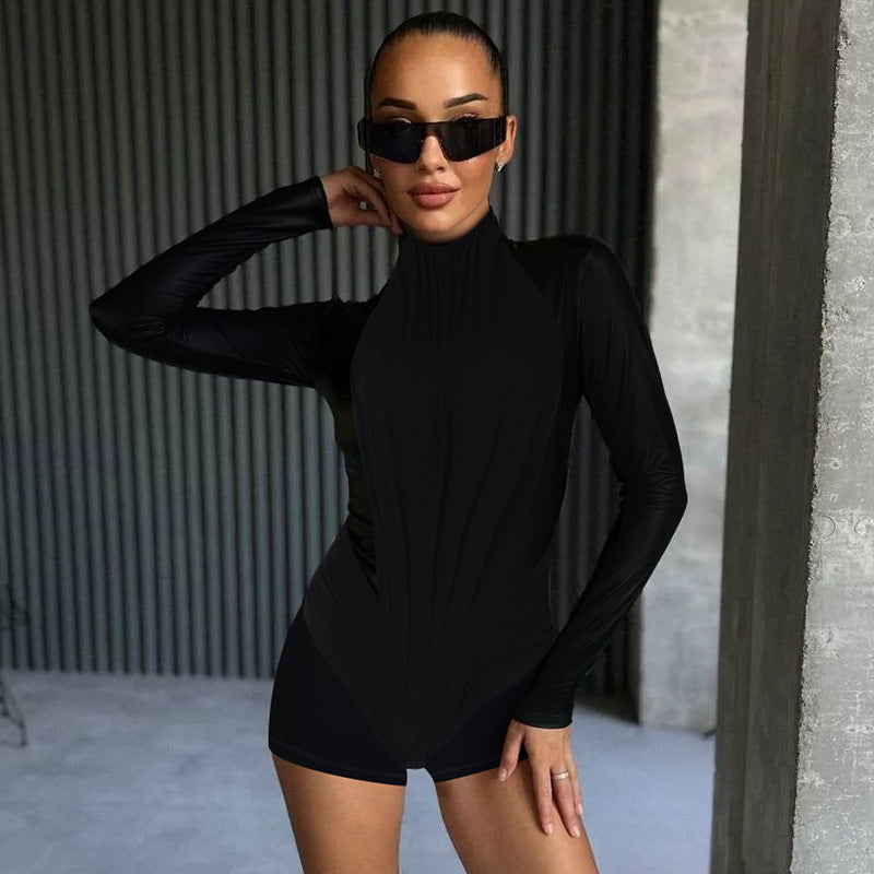 Damen Figurumspielender Langarm-Body mit hohem Kragen R&B