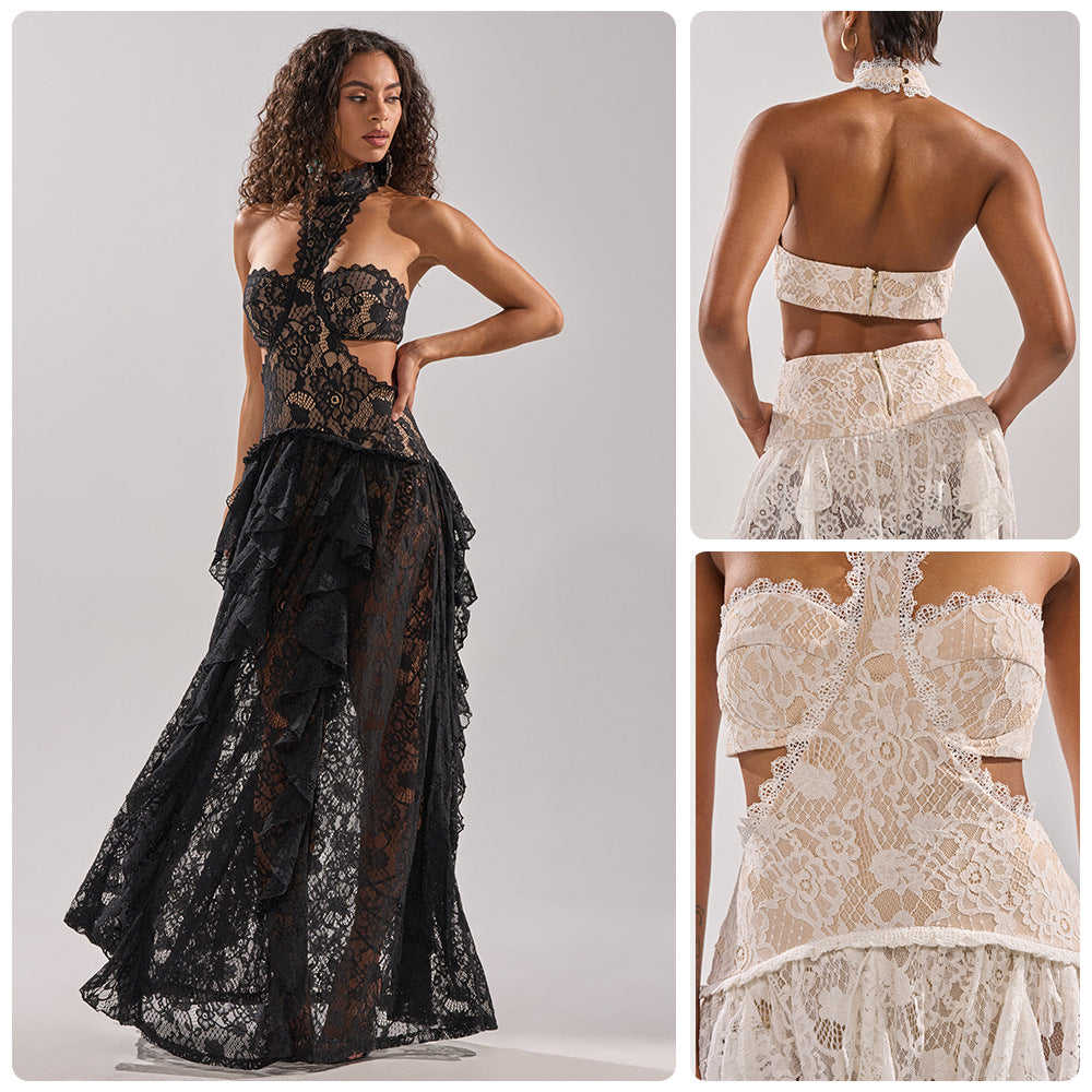 Damen elegante Spitzentraumkleid mit hochgeschlossenem Kragen und fließendem Rock R&B