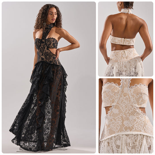 Damen elegante Spitzentraumkleid mit hochgeschlossenem Kragen und fließendem Rock R&B