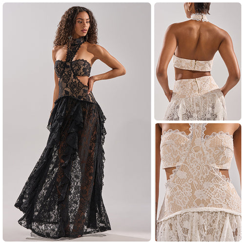 Damen elegante Spitzentraumkleid mit hochgeschlossenem Kragen und fließendem Rock R&B