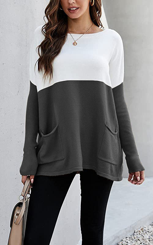 Damen Strickpullover mit großen Fronttaschen und kontrastiertem Design R&B