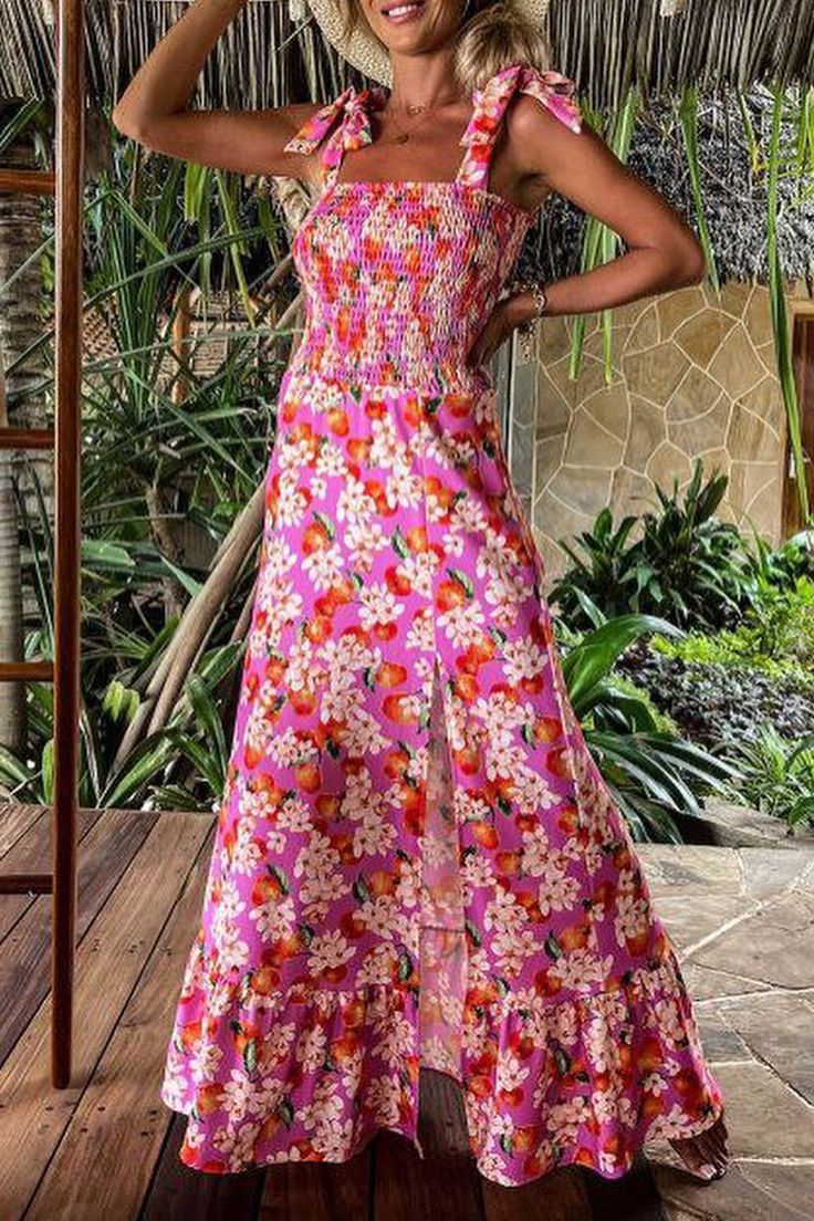 Damen Maxikleid mit floralen Details und Spaghetti-Trägern R&B