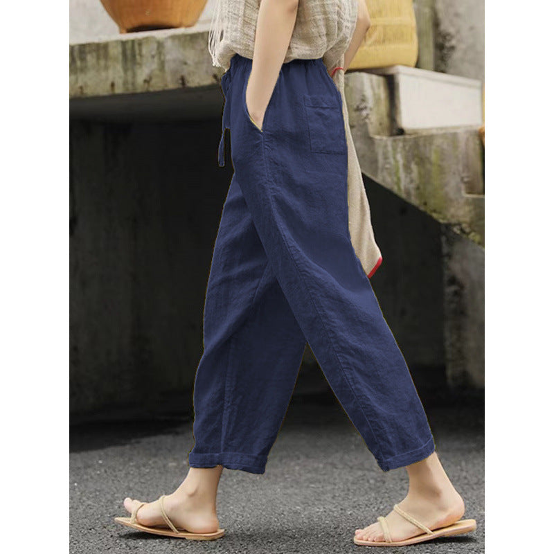 Damen lässige Leinenhose mit elastischem Bund und seitlichen Taschen R&B