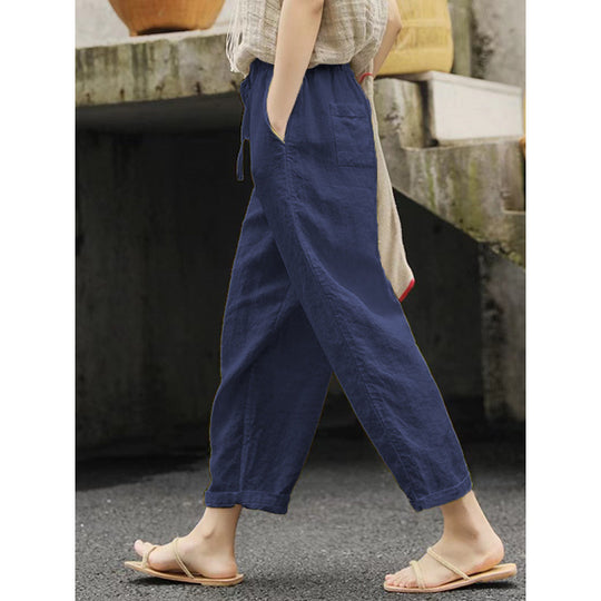 Damen lässige Leinenhose mit elastischem Bund und seitlichen Taschen R&B