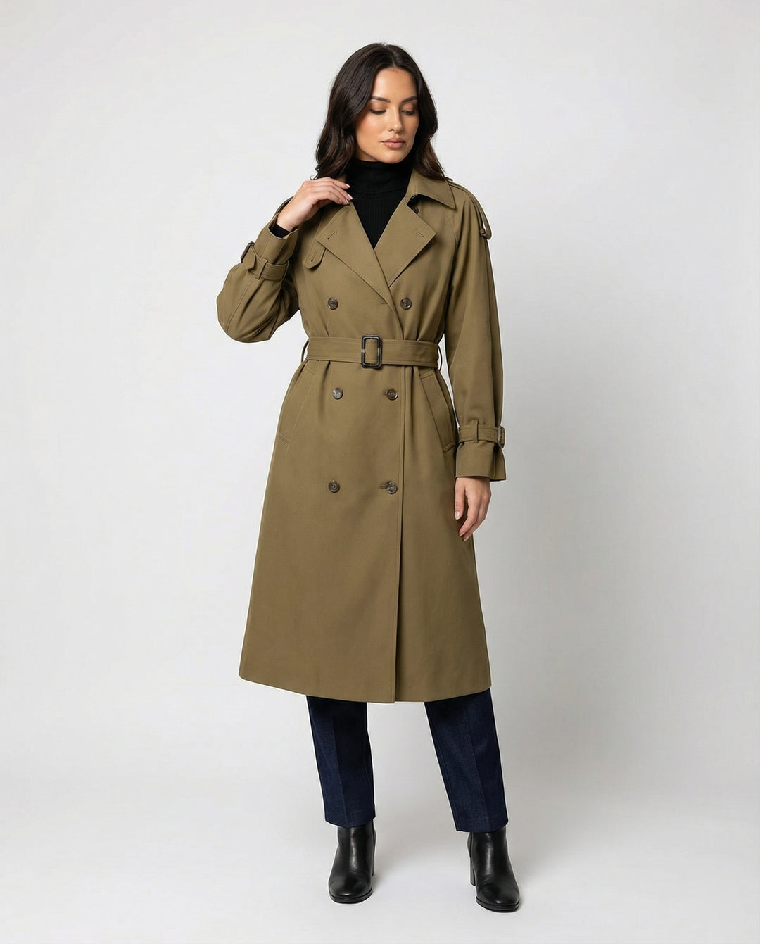 Damen Damenmode doppelreihiger Trenchcoat mit tailliertem Bindegürtel und voluminösen Ballonärmeln R&B