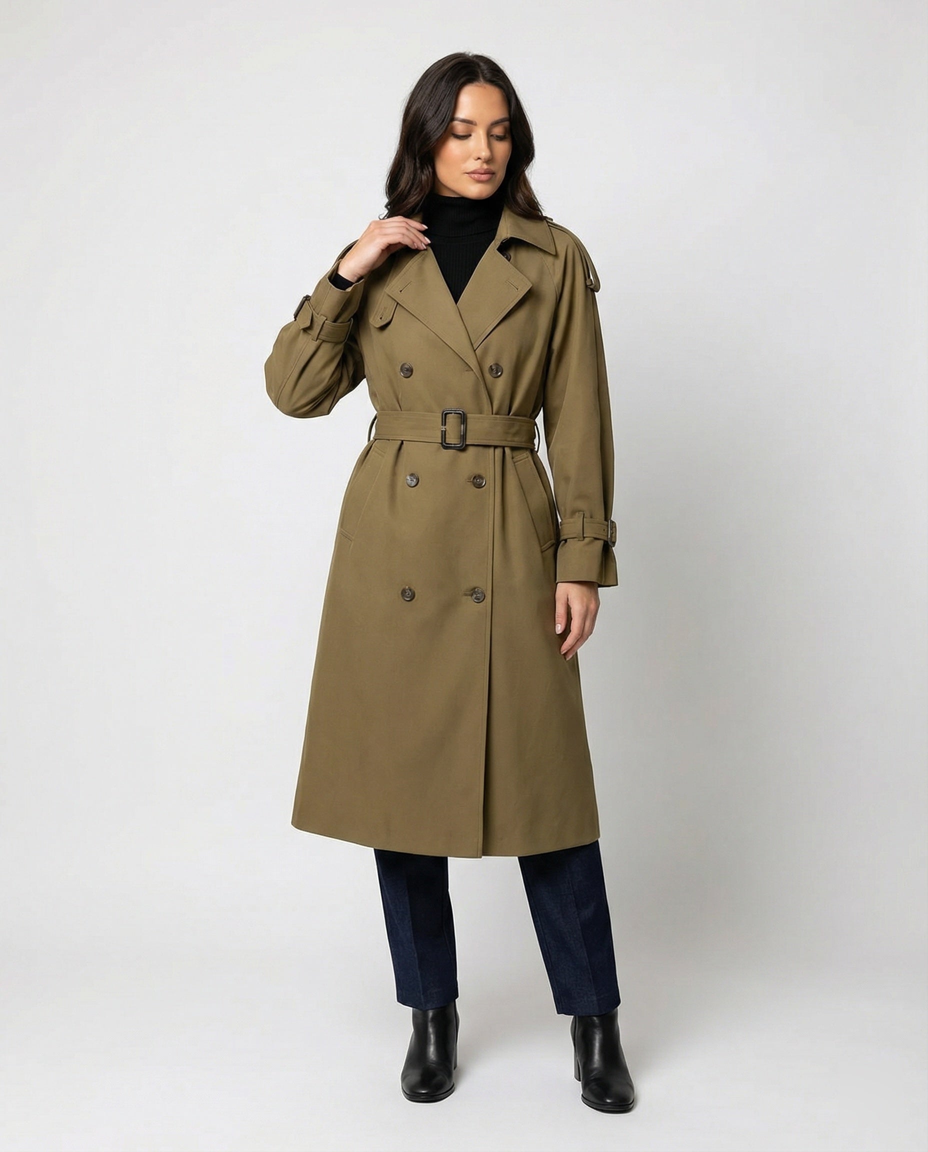 Damen Damenmode doppelreihiger Trenchcoat mit tailliertem Bindegürtel und voluminösen Ballonärmeln R&B