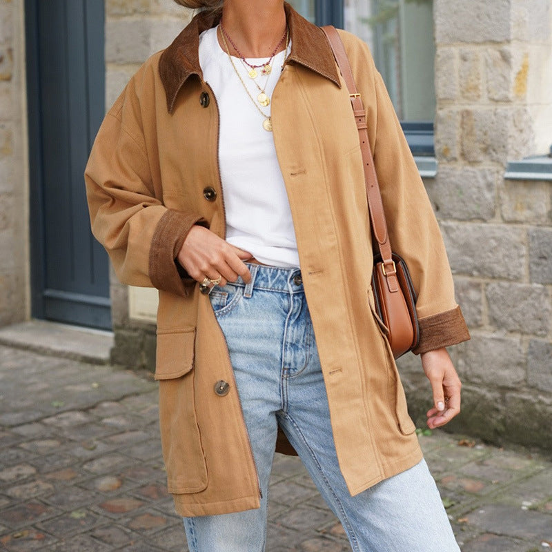 Damen lässige Baumwolljacke mit weichem Kragen und praktischen Taschen R&B
