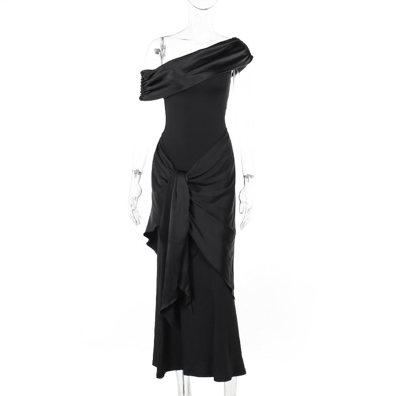 Damen bodenlanges Abendkleid mit asymmetrischem Schnitt und tiefem V-Ausschnitt R&B