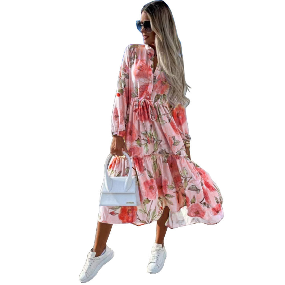 Damen Langarm-Hemdkleid mit lässiger Silhouette und Taillenzug R&B