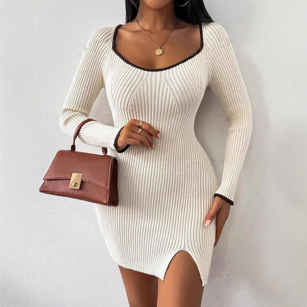 Damen Strickkleid mit schmalem Schnitt und raffiniertem Ausschnitt R&B