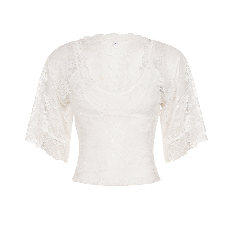Damen elegantes Spitzenoberteil mit voluminösen Rüschendetails R&B
