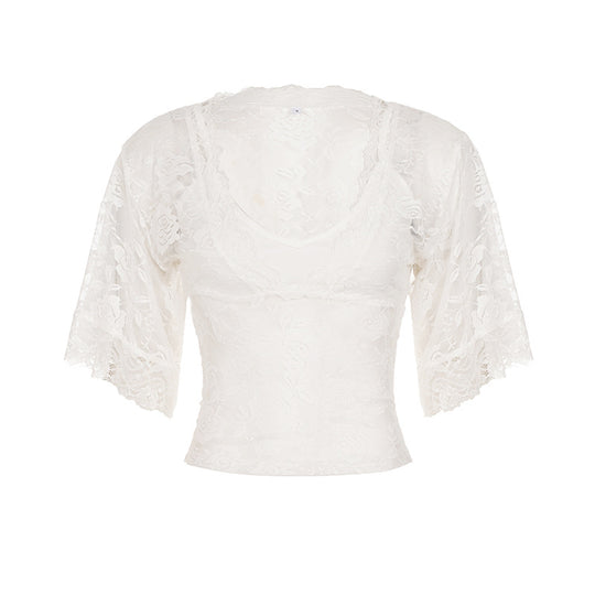 Damen elegantes Spitzenoberteil mit voluminösen Rüschendetails R&B