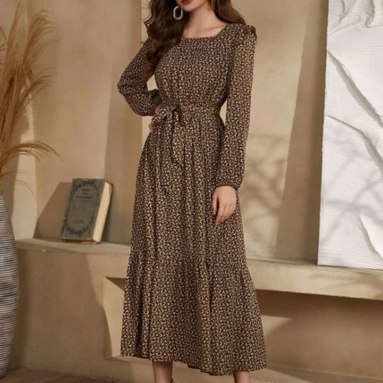 Damen Maxikleid im Boho-Stil mit weitem Rock und Taillengürtel R&B