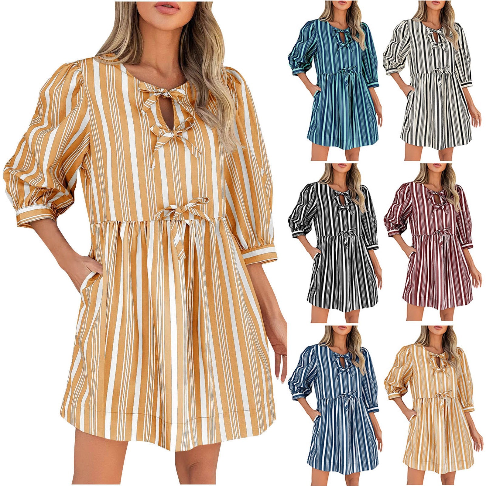 Damen lässiges gestreiftes Sommerkleid mit taillierter Silhouette R&B