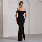 Damen Maxi-Kleid mit schulterfreiem Design und elegantem Schlitz R&B