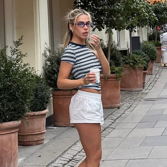Damen Kurzarmshirt mit modernem Streifenmuster und elastischem Schnitt R&B