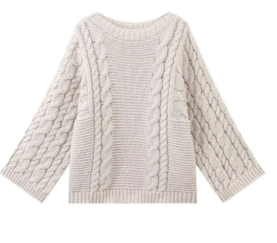 Damen Strickpullover mit voluminösen Ärmeln und strukturiertem Zopfmuster R&B