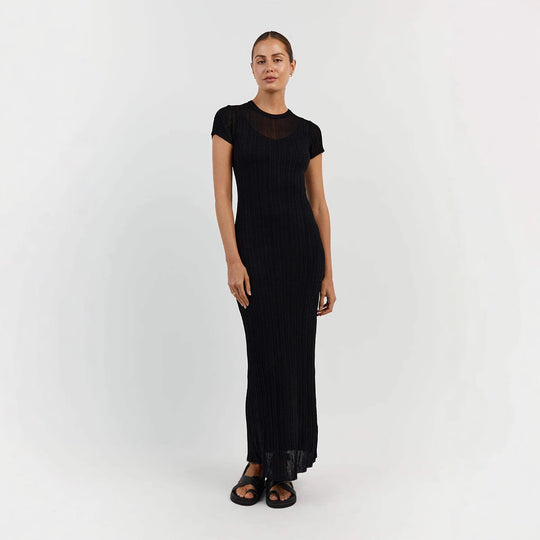 Damen Elegantes Maxikleid mit feiner Rippstruktur und kurzen Ärmeln R&B
