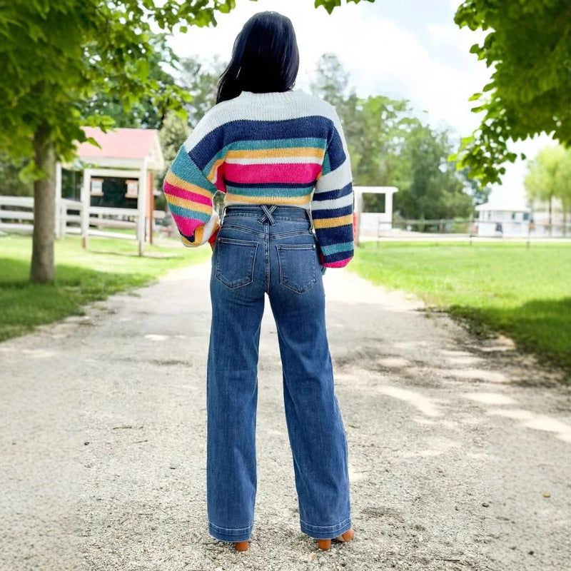 Damen Weit geschnittene Hochbundjeans mit modernen Waschungen R&B