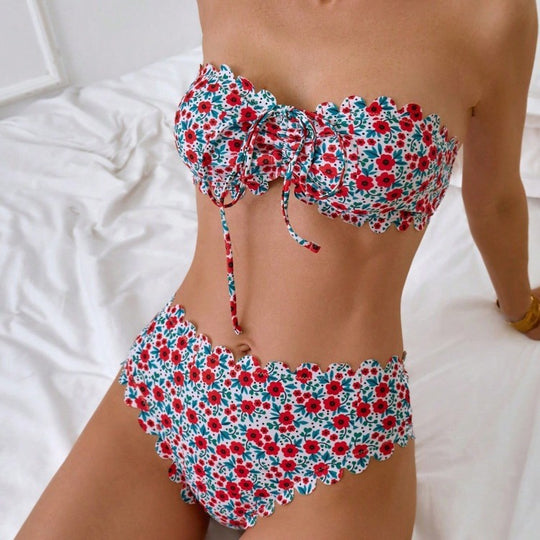Damen Bikini-Set mit romantischem Rüschendesign und floralem Muster R&B