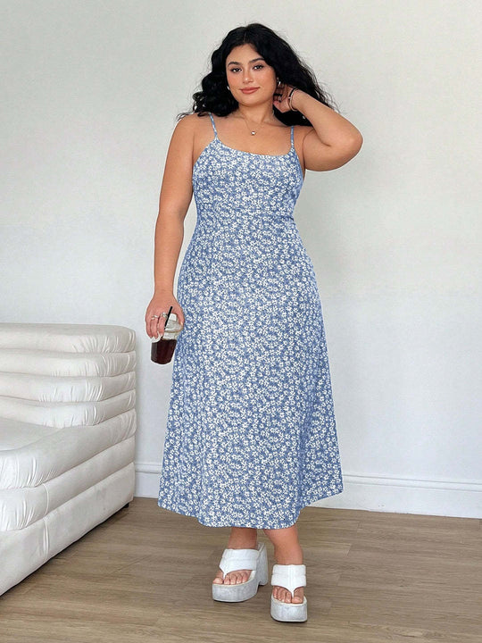 Damen Maxikleid mit feinem Blumenmuster und verstellbaren Spaghettiträgern R&B