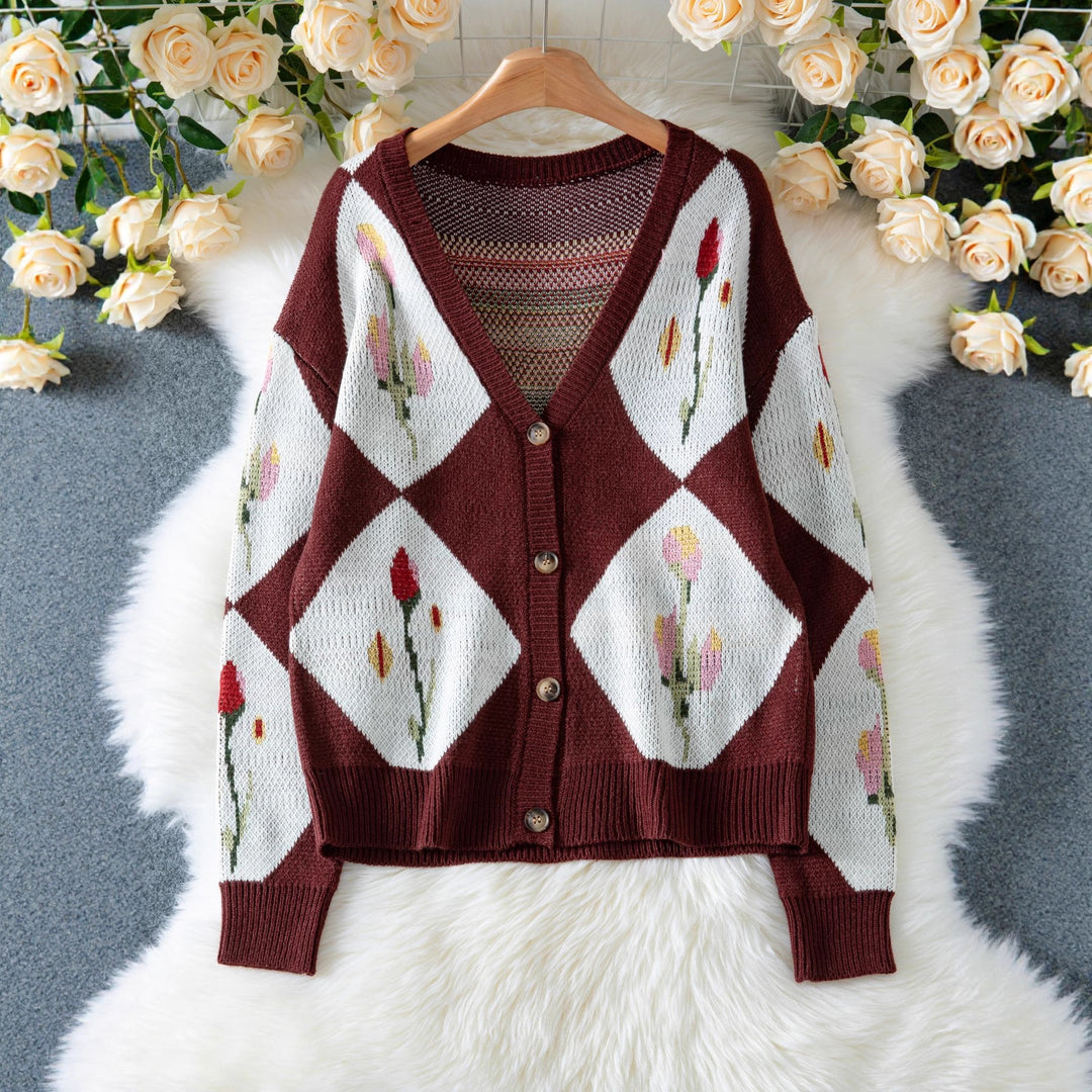 Damen Strickjacke mit floralem Muster und dekorativem Knopfdesign R&B