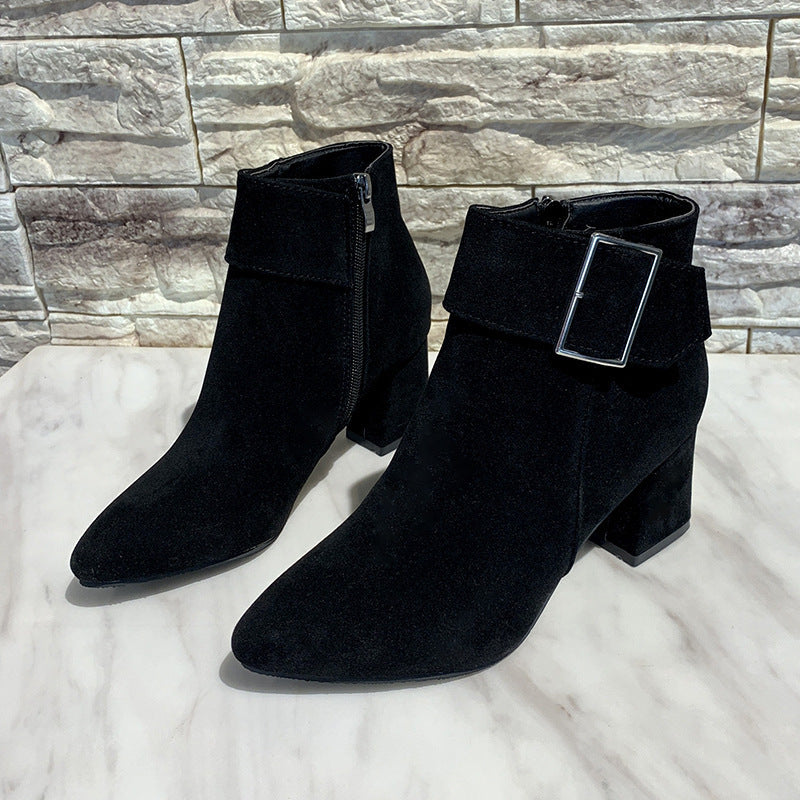 Damen nan elegante Wildlederoptik Stiefelette mit mittelhohem Blockabsatz und breitem Schnallenriemen R&B