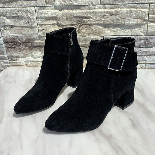 Damen nan elegante Wildlederoptik Stiefelette mit mittelhohem Blockabsatz und breitem Schnallenriemen R&B