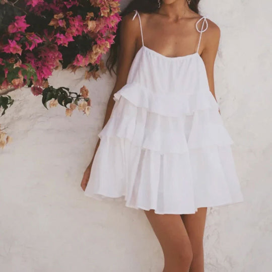 Damen luftiges Sommerkleid mit Rüschendetails und verstellbaren Trägern R&B