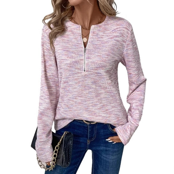 Damen leichter Pullover mit halbem Reißverschluss und strukturierter Oberfläche R&B