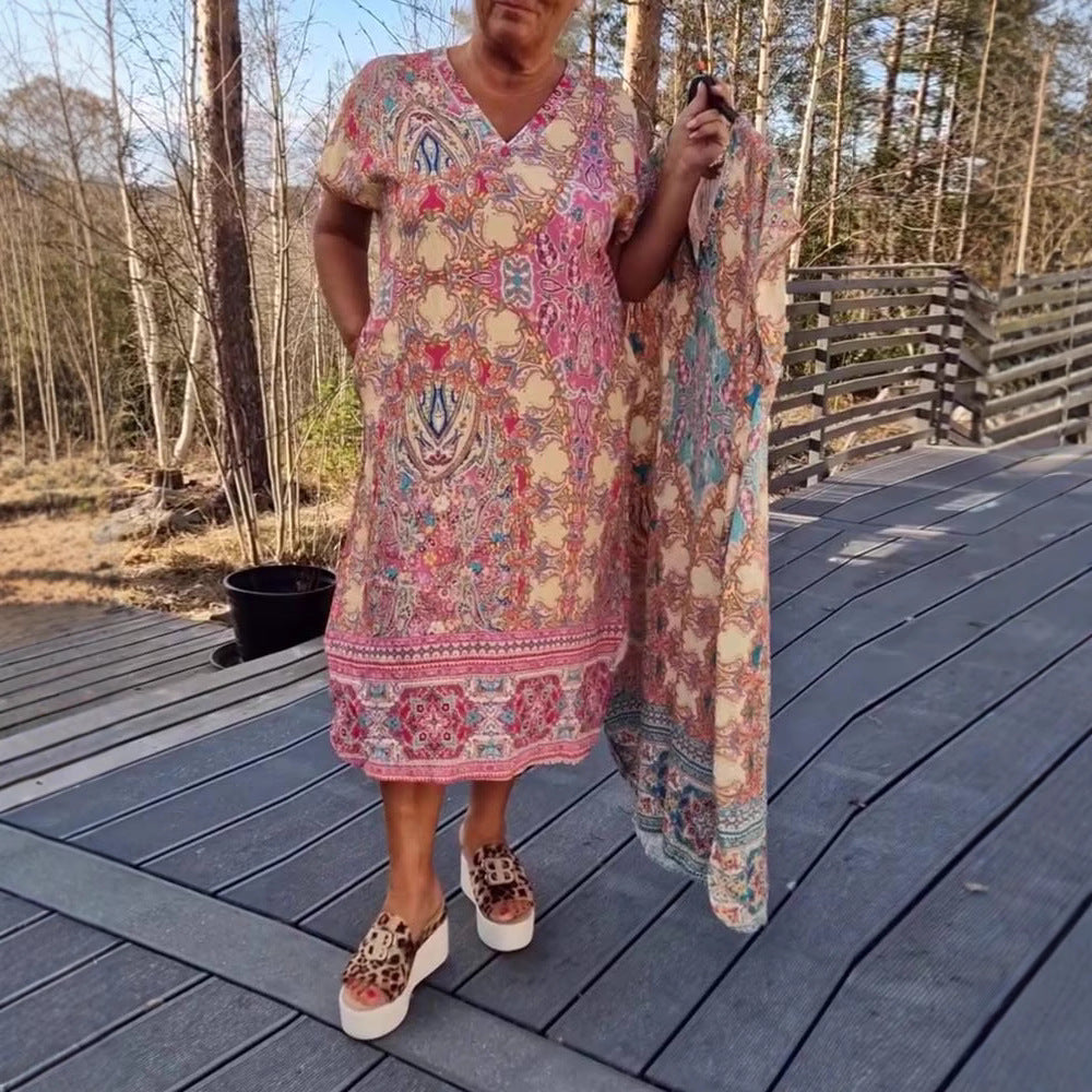 Damen nan fließendes Midikleid im Tunika‑Kaftan‑Mix mit V‑Ausschnitt kurzen Ärmeln lockerer Passform und passendem Pareo R&B