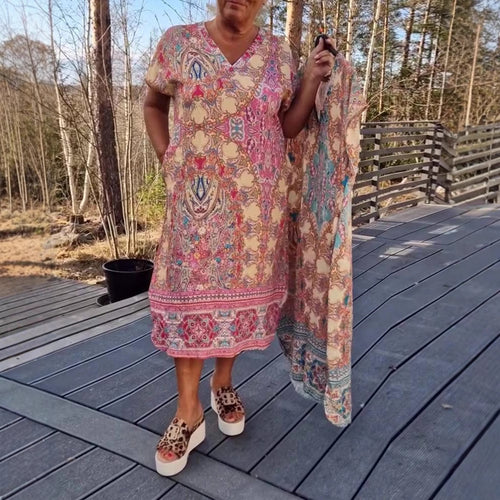 Damen nan luftiges V-Ausschnitt-Kleid im Paisley-Print mit Eingrifftaschen und passendem Pareo R&B