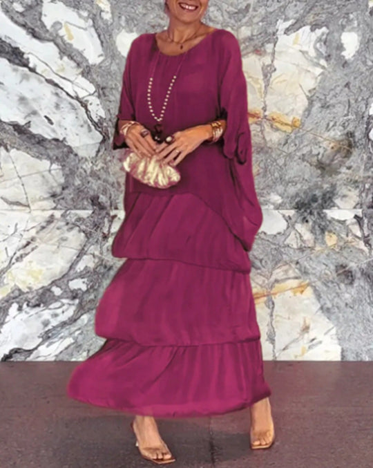 Damen Maxikleid mit fließendem Rock und eleganten Rüschendetails Heidi-Mode