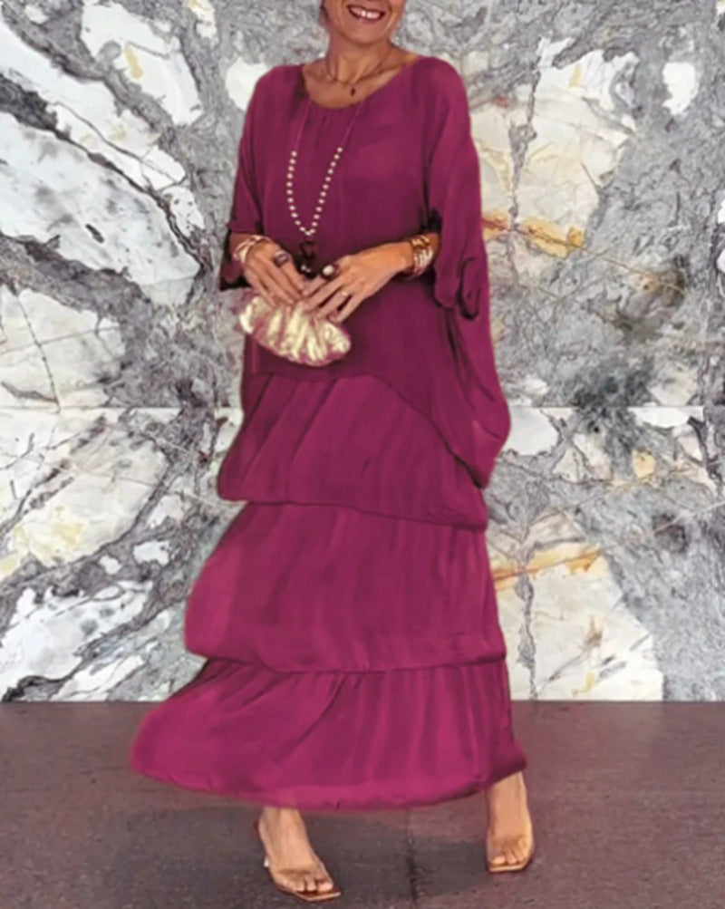 Damen nan bodenlanges Stufenkleid mit weiten Fledermausärmeln und lockerer Silhouette R&B