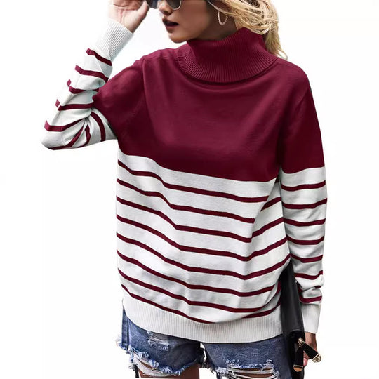 Damen gemütlicher Rollkragenpullover mit Streifenmuster R&B