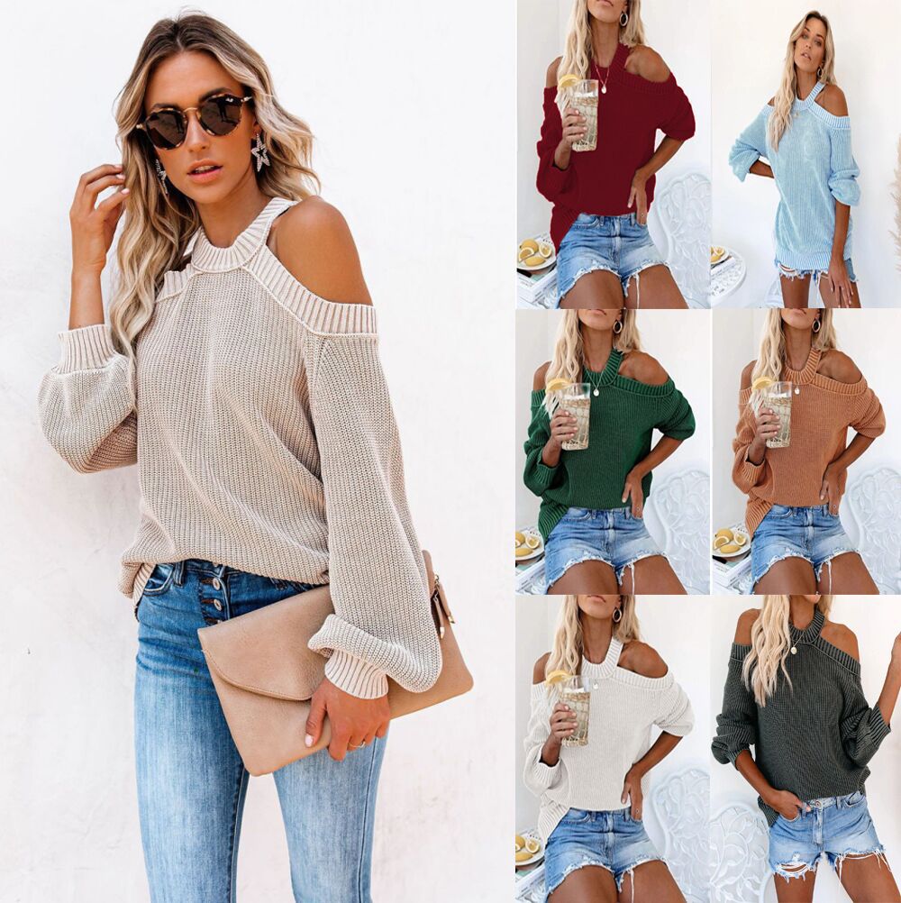 Damen Cooles Off-Shoulder Strickpullover mit weit geschnittenen Ärmeln R&B
