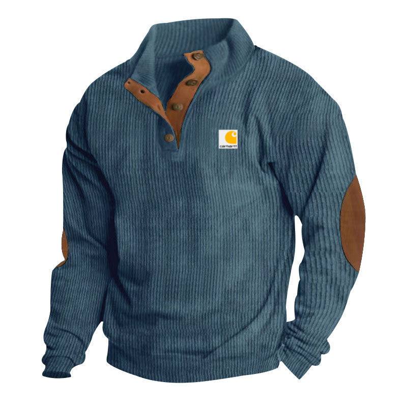 Herren nan Strickpullover im Troyer-Stil mit Stehkragen Lederbesatz Druckknopfleiste und Ellbogen-Patches R&B